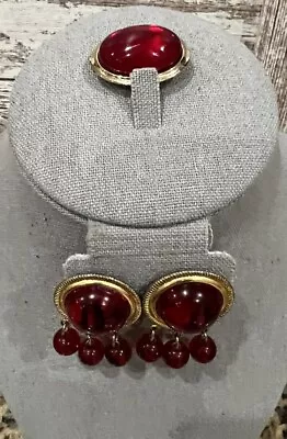 Vintage Pendant And Earrings Ruby Red Large Cabachons • $26