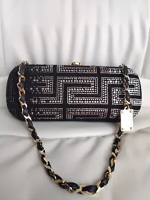 Gianni Versace Greek Key Crystal Embellished Clutch Bag Chain Shoulder Evening • $721.65