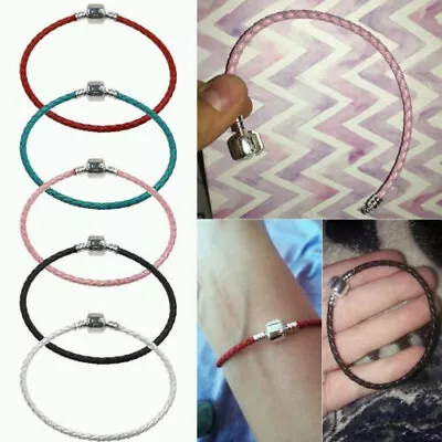 £3 • Buy Leather Woven Bracelet Silver Plated With Clasp Euro Bangle Braided Cord Charm