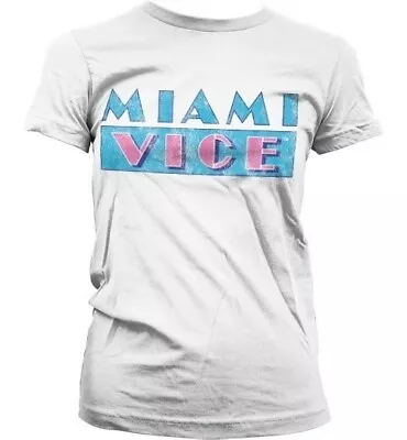 Miami Vice Distressed Logo Girly T-Shirt Damen White • £24.03