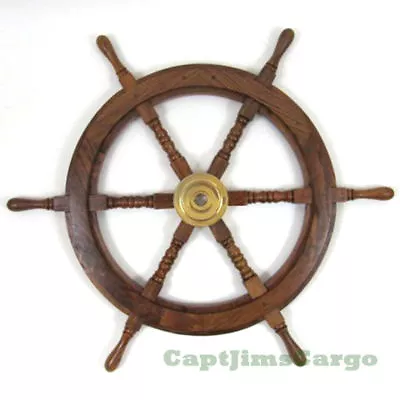 Teak Wood Ships Steering Wheel 30  Brass Hub Nautical Maritime Boat Wall Decor • $94.99