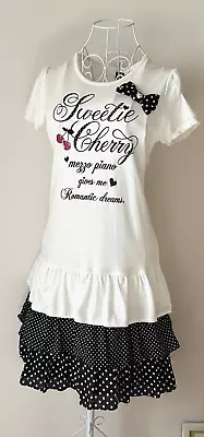 Mezzo Piano Short Sleeve Dress Size L/160 White Heart Ruffle Cherry Ribbon Kawai • $55