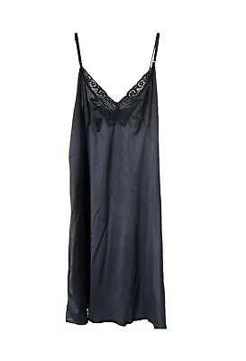 VTG  Adonna Full Length Slip Sz 42 XL Black Floral Lace Hem Butterfly Neckline • $26