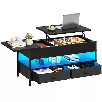 LED Lift Top Coffee Table With 2 Drawer Storage Shelf Wood Living Room Furniture • £99.99