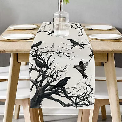 Crow Printed Runner Halloween Runner Crow Withered Tree Print Rectangle Flax • £9.37