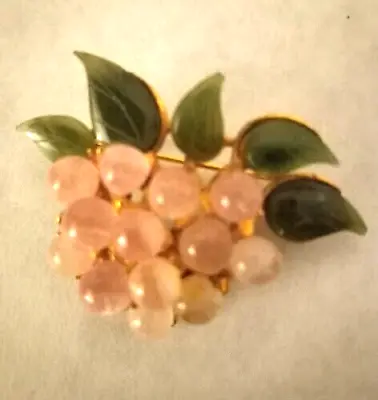 Swoboda Jade Brooch Signed Vintage Gold Plated Jade Pink Berries Green Leaves • $115