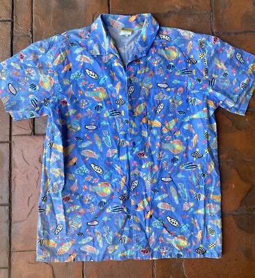 Vintage Ken Done Art Periwinkle Fish Print Button Down Shirt Medium USA • £33.77