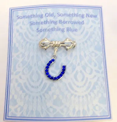 £4.19 • Buy Traditional Something Blue Lucky Bridal Horseshoe Bow Brooch On Card With Poem
