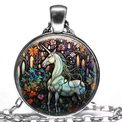Faux Stained Glass Unicorn Legendary Creature Neon Fantasy Pendant Necklace 24  • $14.95
