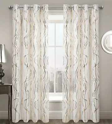 Swirl Ripple Effect Voile Curtain Eyelet Panel White Gold Silver Voile Net Panel • £8.95
