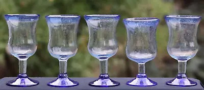 Mexican Hand Blown Wine Glasses Goblets Set Of 5 Cobalt Blue Rim & Base - SIGNED • $24.99