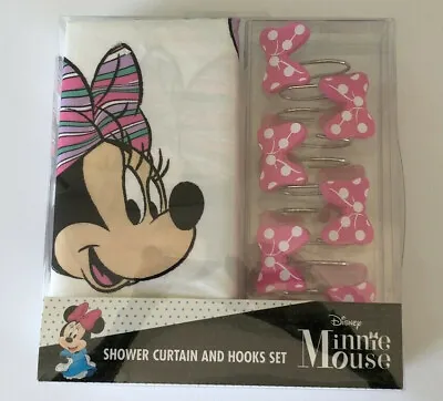 $31.90 • Buy Disney Minnie Mouse Shower Curtain And Bow Hook Set In Pink Bathroom Kids Girls