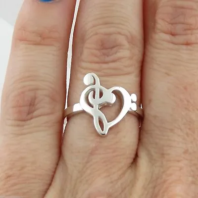 Treble Clef Bass Heart Ring - 925 Sterling Silver - Music Note Song Musician Art • £16.15