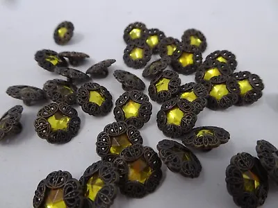 $5.99 • Buy Vintage Yellow Rhinestone W/ Ornate Border Shank Buttons 15mm Lot Of 2 A85-1