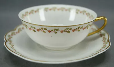 Limoges Lanternier LNT281 Red Floral & Green Leaf Tea Cup & Saucer Circa 1890s • $15