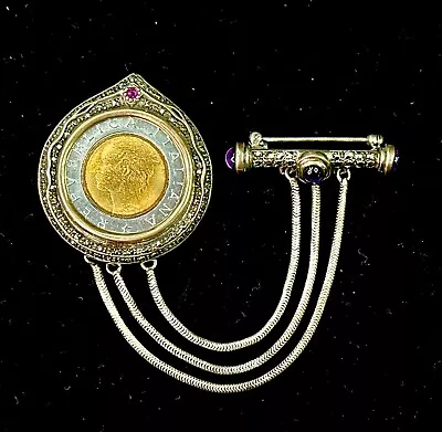 VTG ITALIAN COIN STERLING SILVER SWAG BROOCH ~90s CUSTOM DESIGN RUBY & CABOCHONS • $525