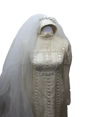 1970's Era Wedding Gown Dress & Veil Hippie Boho High Neck Puff Sleeve Empire • $134.21