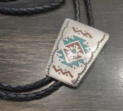 Sterling Silver Turquoise Mosaic Abstract Native American Bolo Tie Stamped  HB  • $18