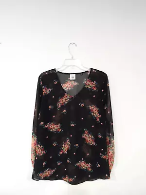 CAbi Women's Blooming Blouse Size Medium Black Floral Sheer V-Neck Top 3594 • $9.99