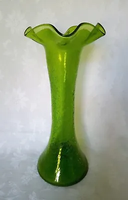 Green Crackle Glass Ruffled Rim Vase Flared Base 29.5cm Tall • £14.63
