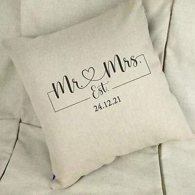 Mr & Mrs Heart Linen / White Cushion Anniversary Wedding Gift Personalised Date • £10.99