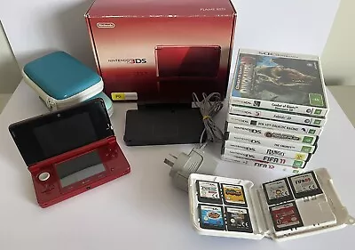 Nintendo 3DS Flame Red Console Original Box 15 Games Charging Dock And Cases. • $285