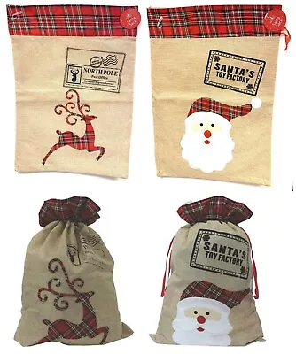 £7.99 • Buy Large Tartan Trim Hessian Christmas Xmas Sack Rudolf Or Santa Father Christmas