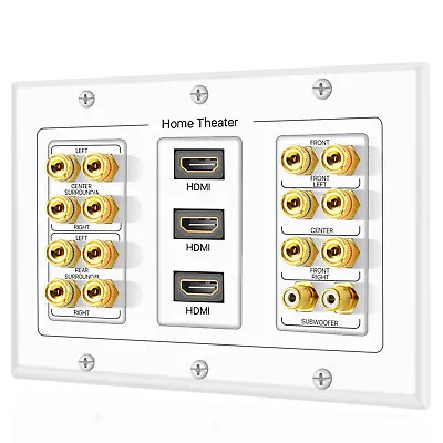 $35.99 • Buy 7.1 7.2 Home Theater Speaker Wall Plate + 2 RCA Jacks + 3 HDMI Connectors White