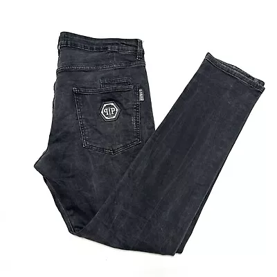 Philipp Plein 38 X 34 Super Straight Cut Slim Jeans Mens Distressed Washed Black • $62