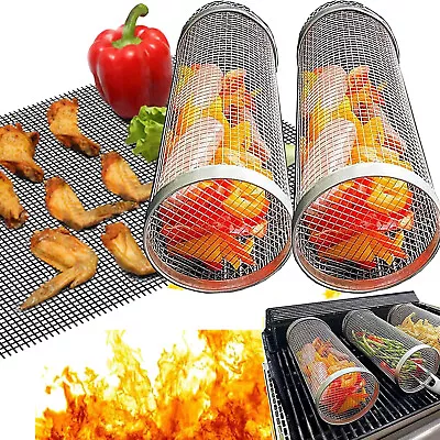 Rolling Grilling Basket Stainless Steel Grill Mesh Camping Barbecue & Grill Mat • $40.48