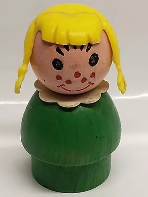 VINTAGE Fisher Price Little People Girl Green Wood Body Blonde Hair W/ Pigtails • $12.89