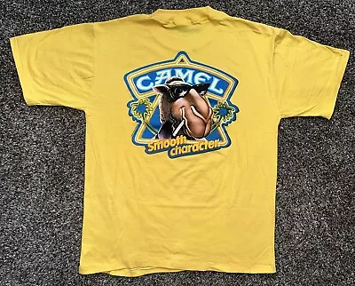 Vintage 1989 Joe CAMEL Cigarettes Pocket T-Shirt L-XL USA Yellow Single Stitched • $55