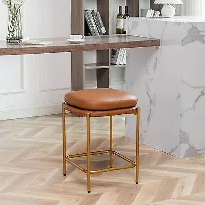 Modern Square Counter Height Barstool Camel Brown Faux Leather - WOVENBYRD • $29.99