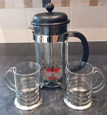 Bodum 8 Cup French Press Cafetiere & 2 Glass Mugs Vgc • £7.95