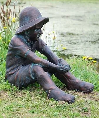 Boy In Wellies Sitting With Frog In Hands Statue - Large Garden Sculpture • £124.99