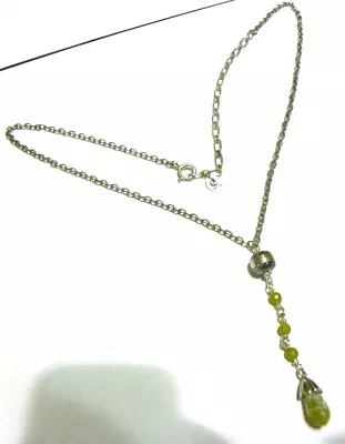VTG 925 Sterling Silver Dainty Green Stones Bead Y Drop Necklace Signed R • $7.60