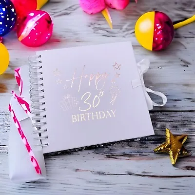 30th Birthday Present White Scrapbook Guest Book Photo Album Rose Gold Script • £14.99