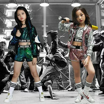 £20.57 • Buy Girls Kids Modern Street Dance CostumeSequins Hip Hop Wear Performance OutfitSET