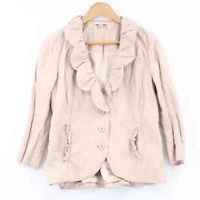 Cabi Jacket Womens Beige Button Front Casual Ruffle Neck Lined Size 10 • $21.45