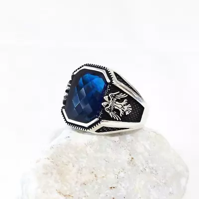 Solid 925 Sterling Silver Blue Sapphire Zircon Gemstone Eagle Mens Unisex Ring • $42.29