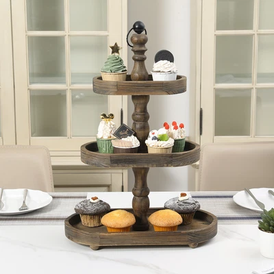 £37.11 • Buy Vintage 3-Tier Dark Brown Solid Wood Oval Tray Dessert Cupcake Display Rack