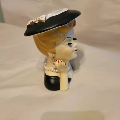 VINTAGE Nippon Handpainted Lady Head Vase Blonde Hair Black Hat Pearl Necklace • $25