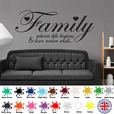£9.99 • Buy Family Where Life Begins - Wall Art Sticker Decal Quote Love Hearts Vinyl Home