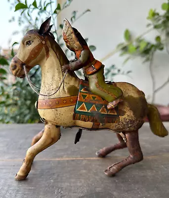 Vintage Old Rare Wind Up Red Indian Ride On Horse Litho Tin Toy Made In Japan • $487.63