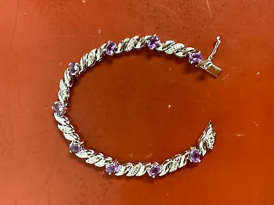 Estate Sterling Silver Amethyst & Diamond Accent  Tennis Bracelet 6.75  • $49