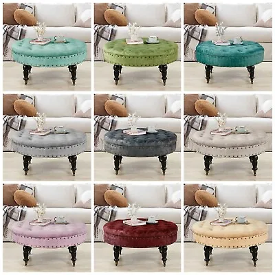 Large Upholstered Tufted Button Velvet Round Ottoman Coffee Table Caster Wheels • $169.99