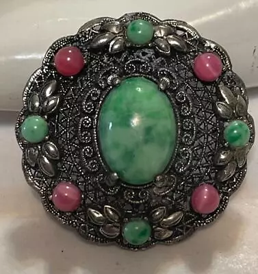 Vintage Unique Silver Tone Filigree Brooch Green Glass Cabochon Pink Moonstone • $19.95