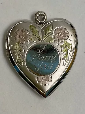 Sterling I Love You Engraved Heart Photo Locket Pink & Green Floral Accent 4 Gr. • $29