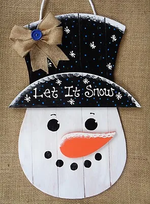 Let It Snow SNOWMAN SIGN Grooved Wood Hanger Plaque Winter Door Wall Primitive • $13