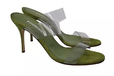 MANOLO BLAHNIK Ladies Green & Clear Eco PVC Open Toe Scolto Mules EU40 UK7 • £107.35